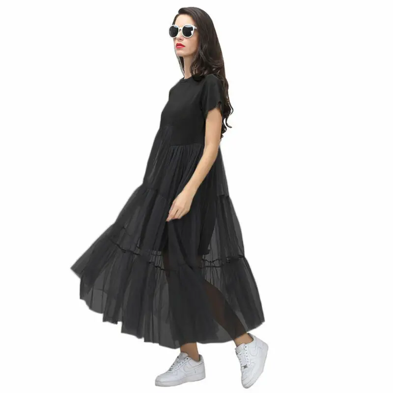 

Hot Women Summer Holiday Short Sleeve Mesh Midi Dress Female Ladies Casual Cotton Blend Long Tops Midi Dress Black