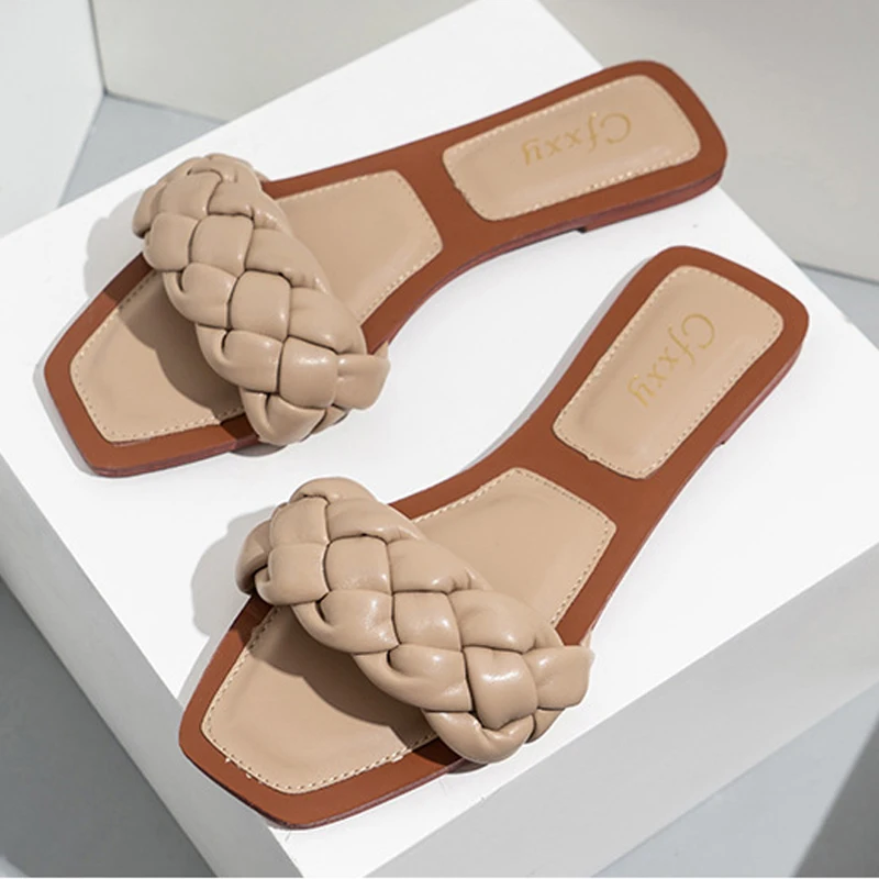 

2020 Woven Slippers Women Slip On Slides Fashion Brand Square Toe Leather Flat Sandals Female Outdoor Casual Slippers Flip Flops