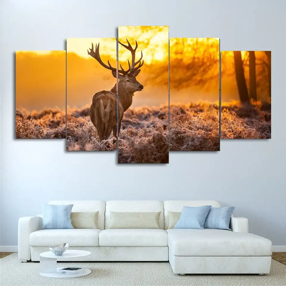 Wall Art Canvas Painting 5Pcs Deer Sunset Paintings On The Living Room Decor Poster Modern Home Decoration Hanging Ornament | Дом и сад