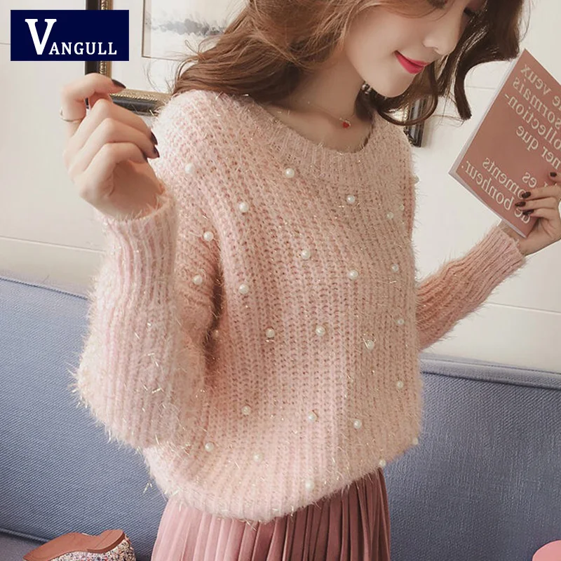 Vangull Pearl Beading O Neck Sweater Sweet Women Pullovers Knit Jumper Long Sleeve Casual Solid Pull Femme Autumn 2019 | Женская одежда