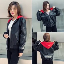 Women's Leather Biker Jacket Coat Red Hooded Streetwear Washable Short Outerwear Cool Girl Autumn Ne