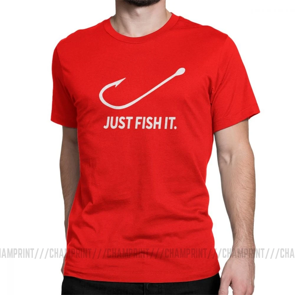 Fishing Just Fish It Fun, Мужская футболка, Фишер, мужские топы с коротким рукавом, новые футболки, хлопок, футболка с вырезом лодочкой - Цвет: Красный