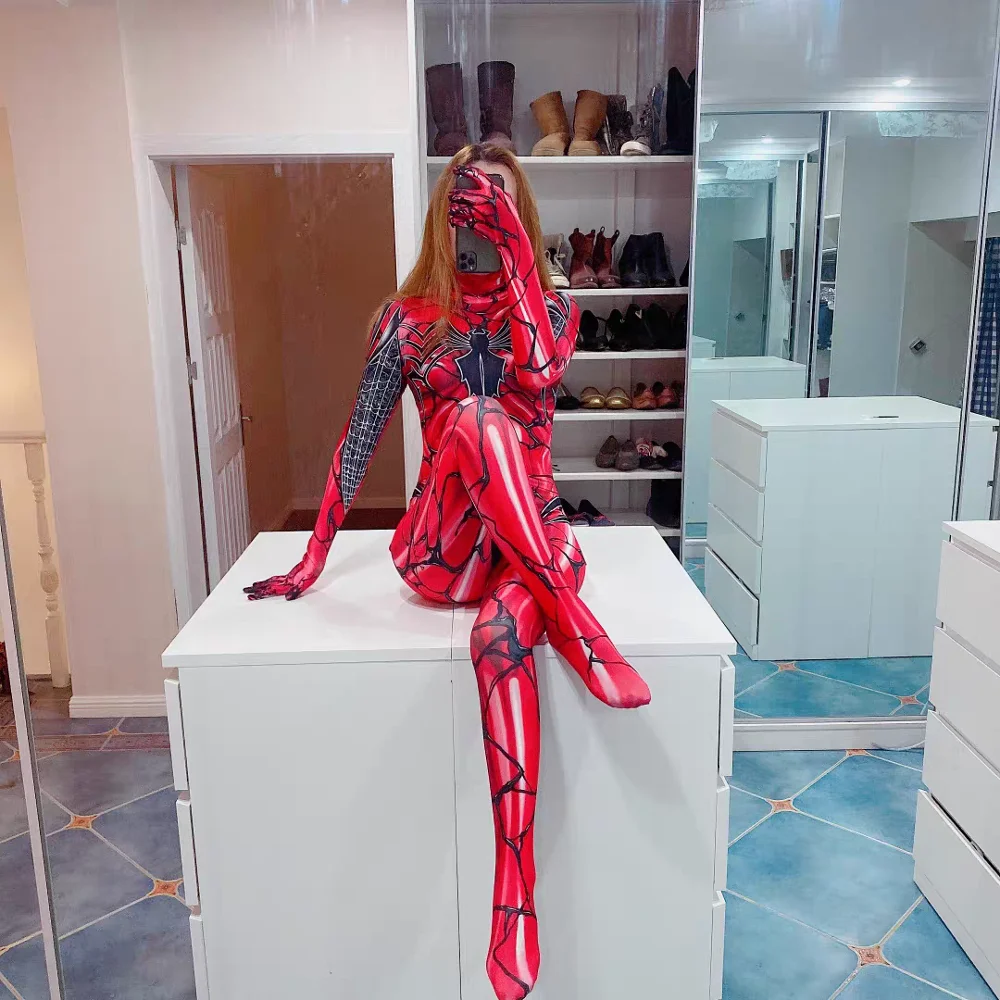 Красный маскарадный костюм Гвен супергероя Zentai для взрослых и детей Женский на