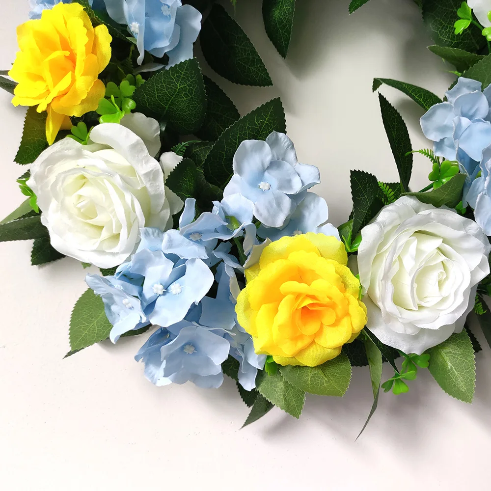 

White And Yellow Roses Wreath Blue Hydrangea Artificial Garland For Festive Decor Living Room Decoration Wall Ornament