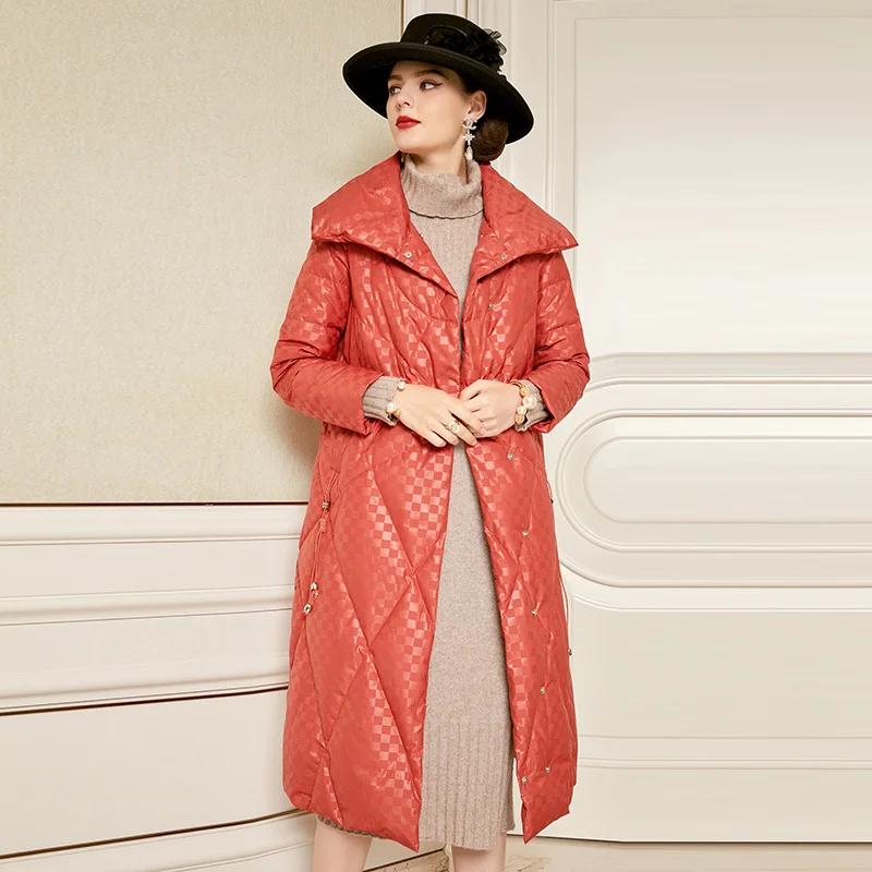 

SHZQ White Duck Down Light Down Jacket 2021 Winter New Medium Long Women's Thickened Stand Collar Red Jacket Over the Knee