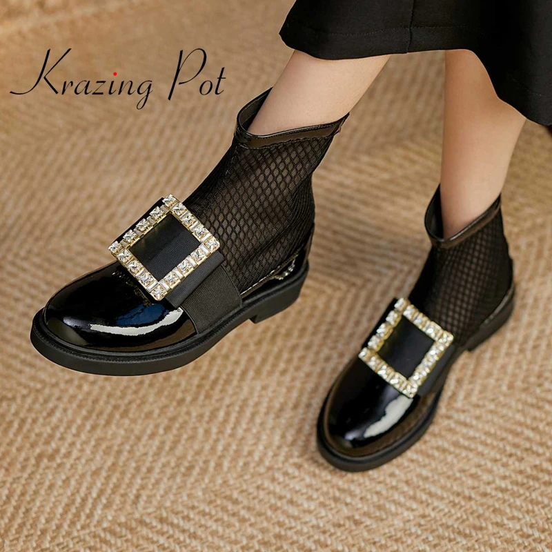 

Krazing pot cow patent leather round toe high heels rhinestone square buckle summer boots sun protection sweet ankle boots L18