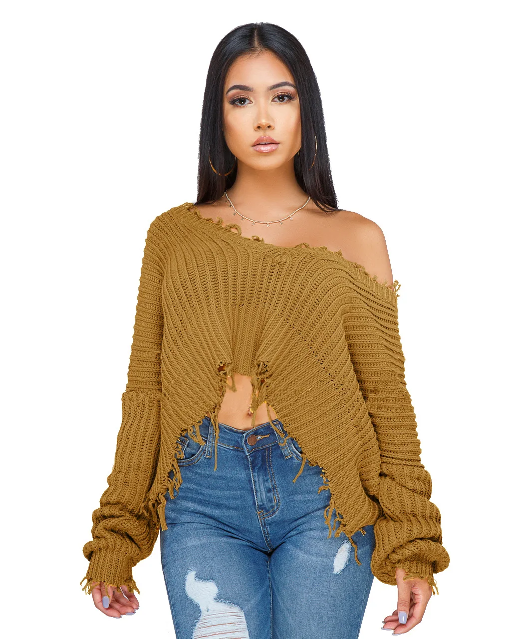 Off Shoulder Pullover Tassel Knitted Sweater 2019 Autumn Winter Women Long Sleeve Loose Jumper Oversized Crop Pull Femme | Женская