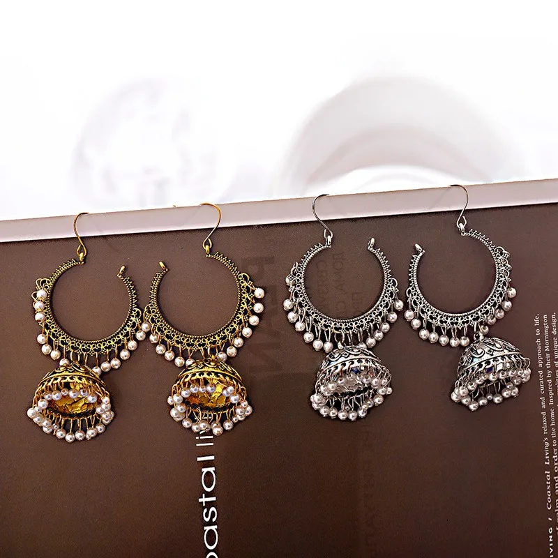 Женские Этнические Ретро Круглые индийские серьги jhumka классические Винтажные белые бусины Серьги с кисточками свадебное украшение бижутерия