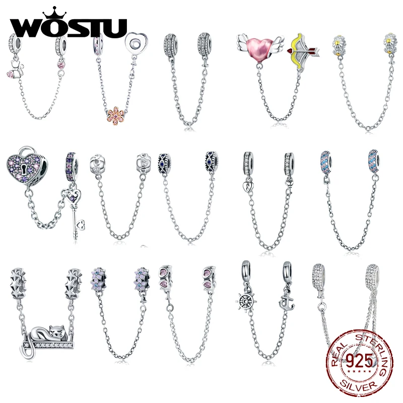 

WOSTU Genuine 925 Sterling Silver Pave Inspiration Safety Chain Bead Charm Clear CZ Fit Original Bracelet Women DIY Fine Jewelry