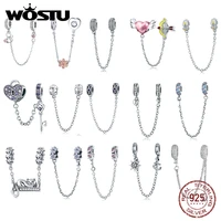 wostu genuine 925 sterling silver pave inspiration safety chain bead charm clear cz fit original bracelet women diy fine jewelry