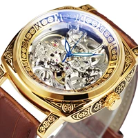 retro luxury square transparent skeleton watch for men mechanical wristwatches golden engraved case leather strap luminous