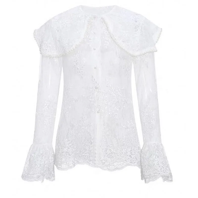 Рубашка с рукавом трубой Женская кружевная рубашка вышивкой Весенняя Осенняя