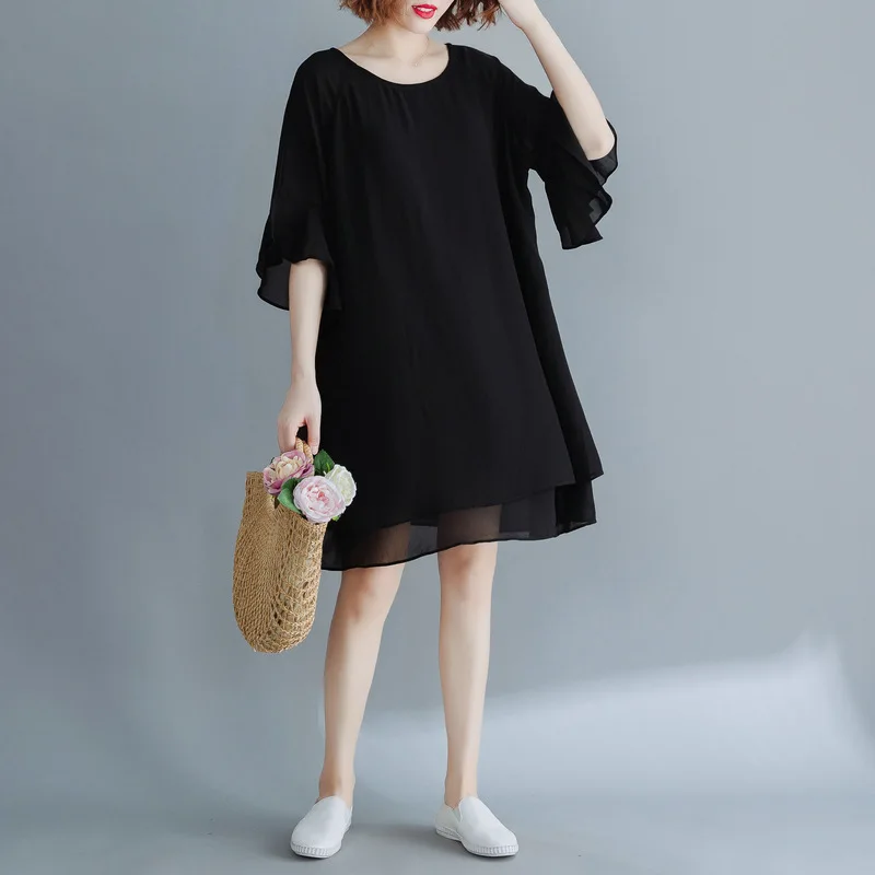 

2021Summer Dress Loose Plus Size Women Dress Casual Women's Dresses O-neck Short Sleeve Fashion Solid Dress Women Double Chiffon