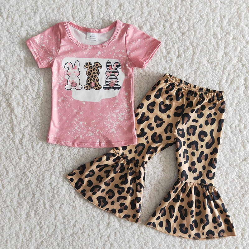 

Wholesale Easter Cute Three Rabbit Kid Spring Children Bunny Outfit Baby Girl Pink Clothing Leopard Bells Pants Toddler Clothes