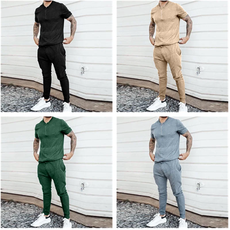 

New men's sports suit spring and summer casual T-shirt running suit fashion solid color short-sleeved + trousers 2-piece set for
