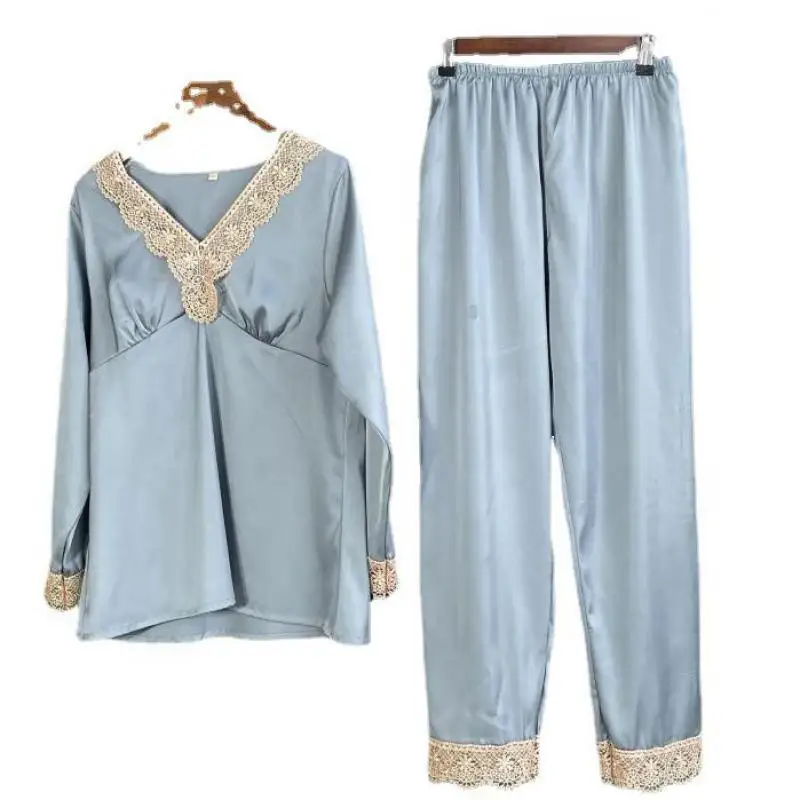 

BLUE Sexy Pajamas Suit Nightwear N-Neck Sleepwear Intimate Lingerie Female Sleep Set Spring New Satin Pyjamas Home Clothing