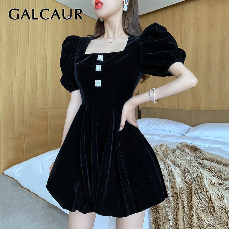 GALCAUR, винтажные Мини платья, женские, квадратный воротник, пышное, длинный рукав, высокая талия, бриллианты, осень, женское платье, мода, одежда