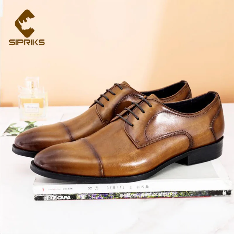 

Sipriks Mens Cap Toe Shoes Full Grain Leather Derby Dress Shoes Gentleman Business Footwear Retro Shoe Black Dark Brown Wedding