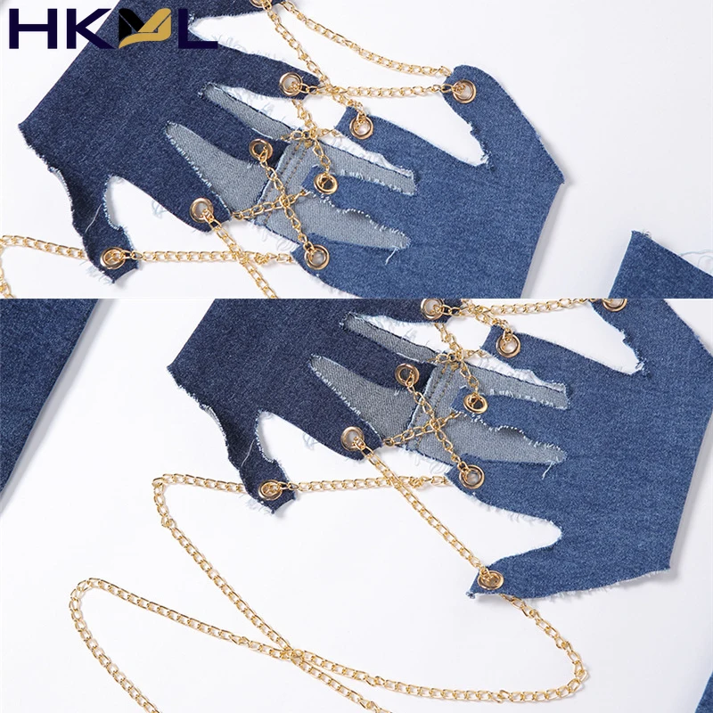 

Women Wrap Outfit Blue Denim Tube Tanks Metal Chain Bandage Crop Top with Sleeves Sexy Clothing