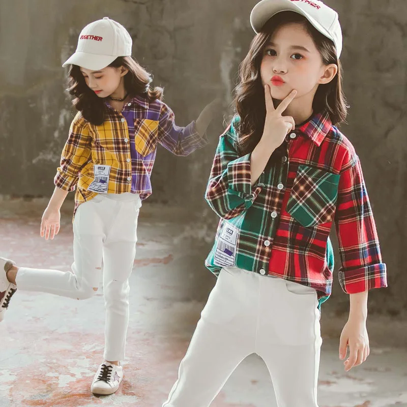 Kids Casual Blouses Spring Fall Girl Cotton Long Sleeve Color Blocking Plaid Shirts Tops Children Sweet Garments Clothing B252 | Детская