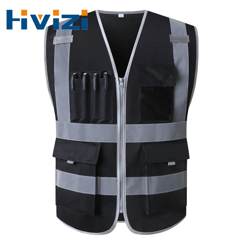 Защитный светоотражающий жилет Hi Vis Рабочая одежда, жилет для строительства, рабочая одежда, жилет с несколькими карманами, черный жилет