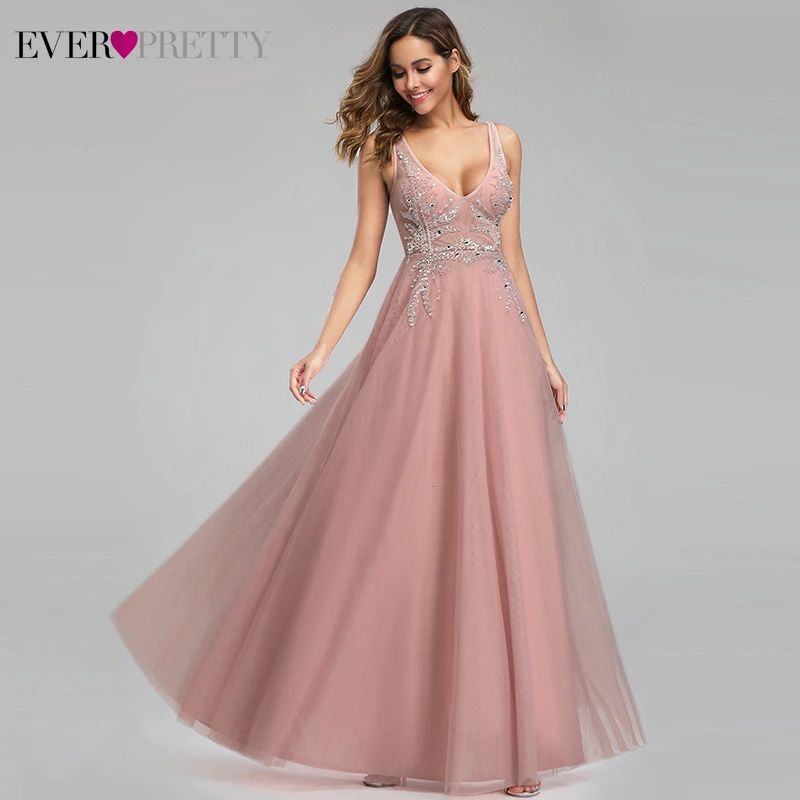 Luxury Evening Dresses Long Ever Pretty A-Line Double O-Neck Beaded See-Through Sexy Formal Evening Gowns Abendkleider