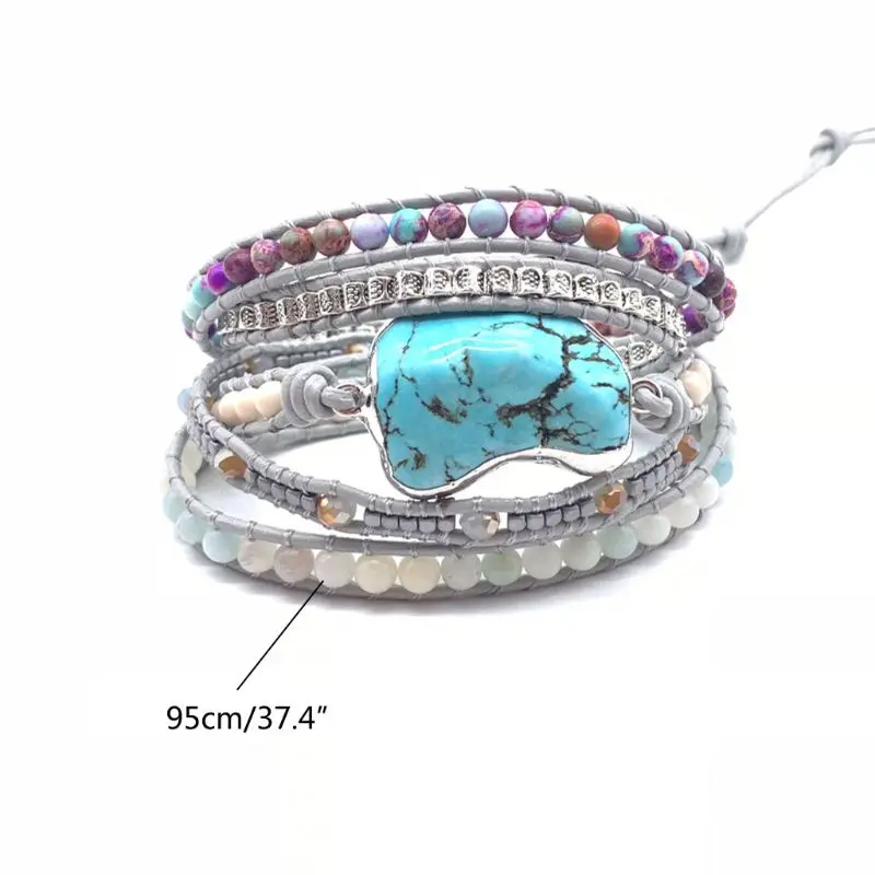 

Handmade Natural Stones Turquoises Charm 5 Strands Wrap Bracelets Boho Crystal Hematite Bead Mix Women Leather Bracelet