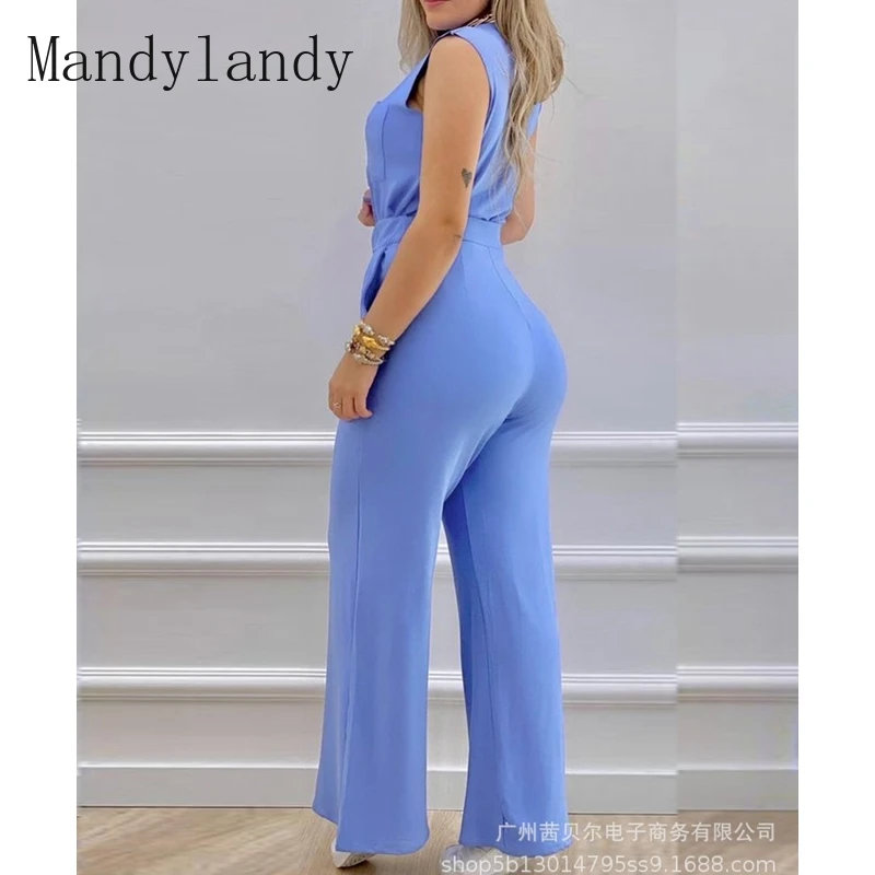 

Летний модный жилет без рукавов с круглым вырезом Mandylandy + широкие брюки с высокой талией и карманами, Женский пикантный однотонный облегающ...
