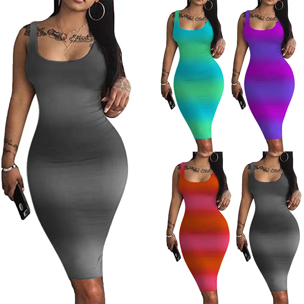 

2021 Tank Mini Dress Women Plus Size Bodycon Vestidos Summer Sexy Low Cut Sleeveless Gradient Color Party Club Dress
