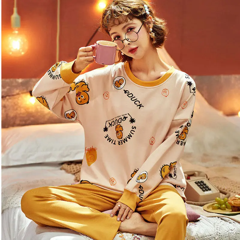 Long-sleeved Pajamas Women Spring Autumn Cartoon Cute Ladies Pyjama Long-sleeved Trouser Two-piece Comfortable Home Service Suit