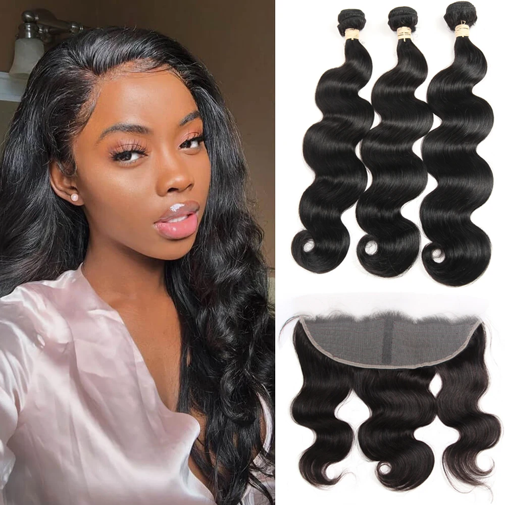 Body Wave Bundles With Lace Frontal Remy Hair 3 Bundles With Frontal Brazilian Human Hair Weave With 13x4 Lace Frontal Closure