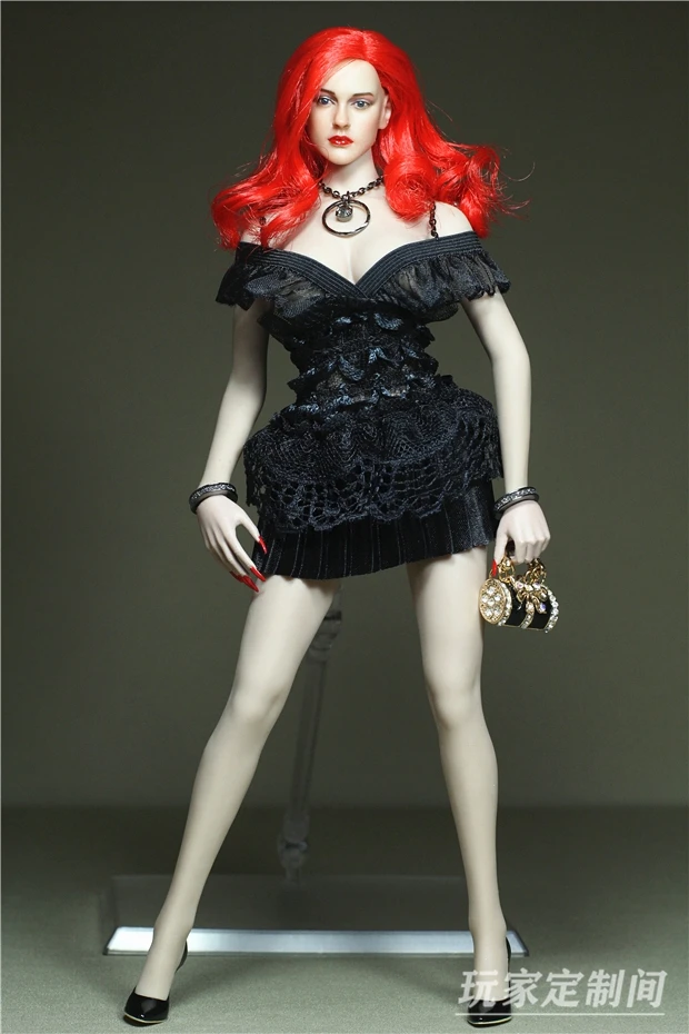 

1:6 woman doll clothing accessories black snow lotus drop shoulder dress lace style sexy 12 inch woman doll available