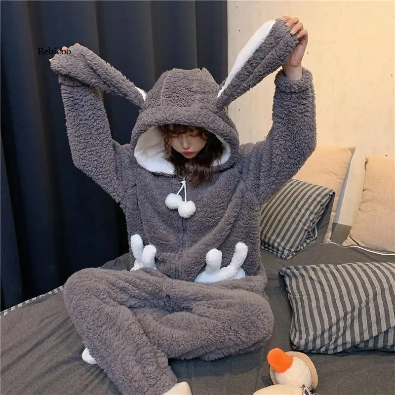 Winter Thicken Onesie Pajamas Women Warm Plush Kawaii Animal Rabbit One Piece Cosplay Bunny Homewear Sleepwear Jumpsuit Costume