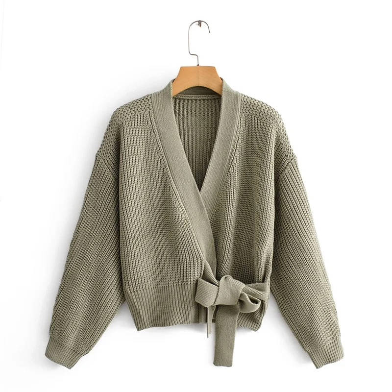 

TRAF Women 2021 Fashion With Tied Loose Wrap Knit Cardigan Sweater Vintage V Neck Long Sleeve Female Outerwear Streetwear
