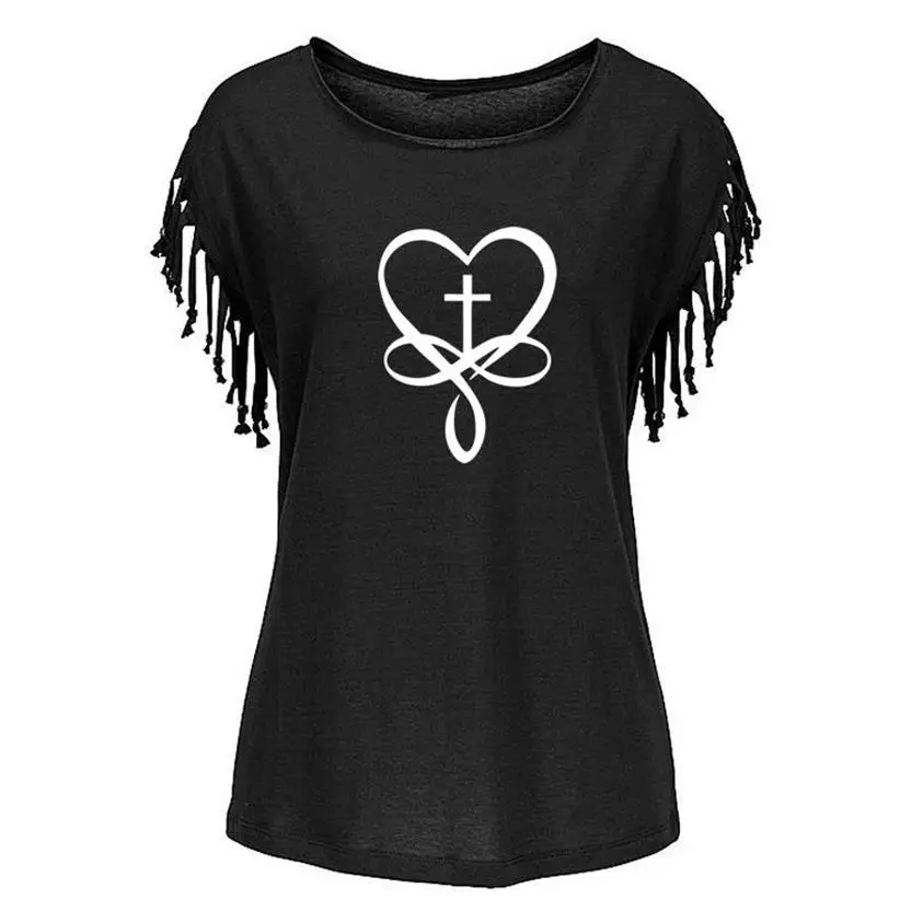 

Women's T-shirt Tassel Jesus Cross Faith Casual Summer Sexy Short Sleeve Clothing Femme Oversized T-shirt Tops Drop Ship