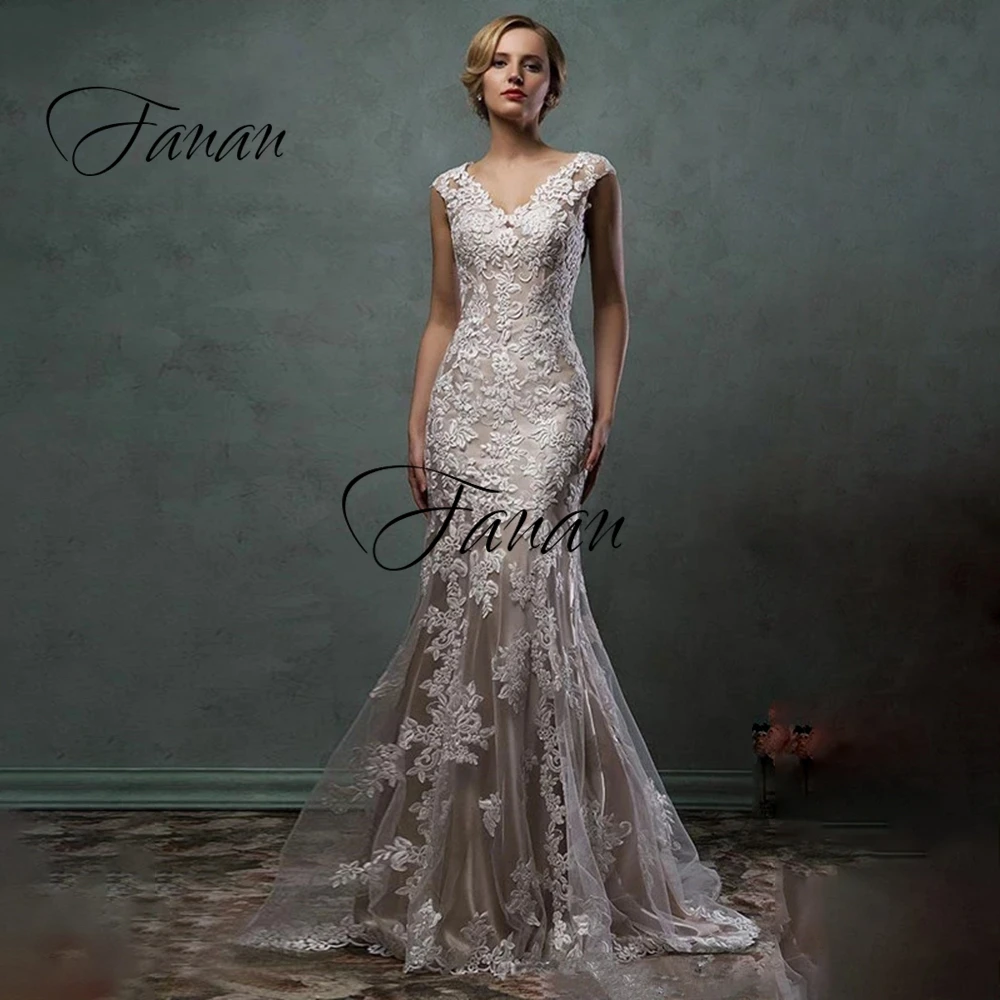 

V-Neck Backless Mermaid Wedding Dress Sleeveless Lace Appliques Tulle Elegant Bridal Gown robe de soirée de mariage платье
