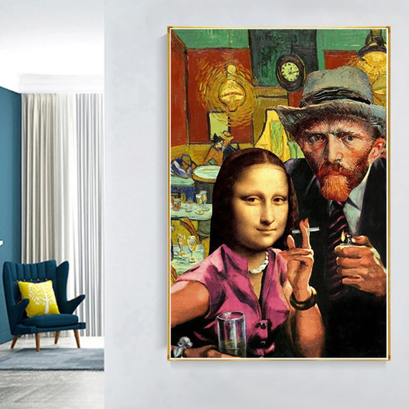 

Famous Funny Art Da Vinci Mona Lisa and Van Gogh Smoking Canvas Paintings Posters and Prints Wall Art Pictures for Living Room