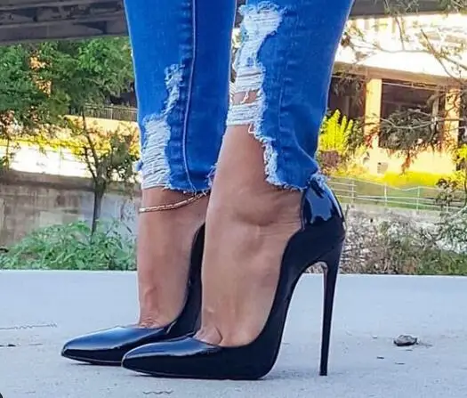 

Sexy Black Patent Leather Side Cutout Pumps Stiletto Heels Pointed Toe Female Low Cut Evening Party Dress Shoes High Heels