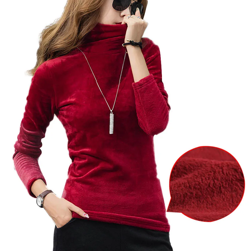 

Turtleneck Velvet Fleece T shirt Women Solid Tops Stretchy Long Sleeve Plus Size S-4XL Spring Autumn T-shirt Bottoming T90394