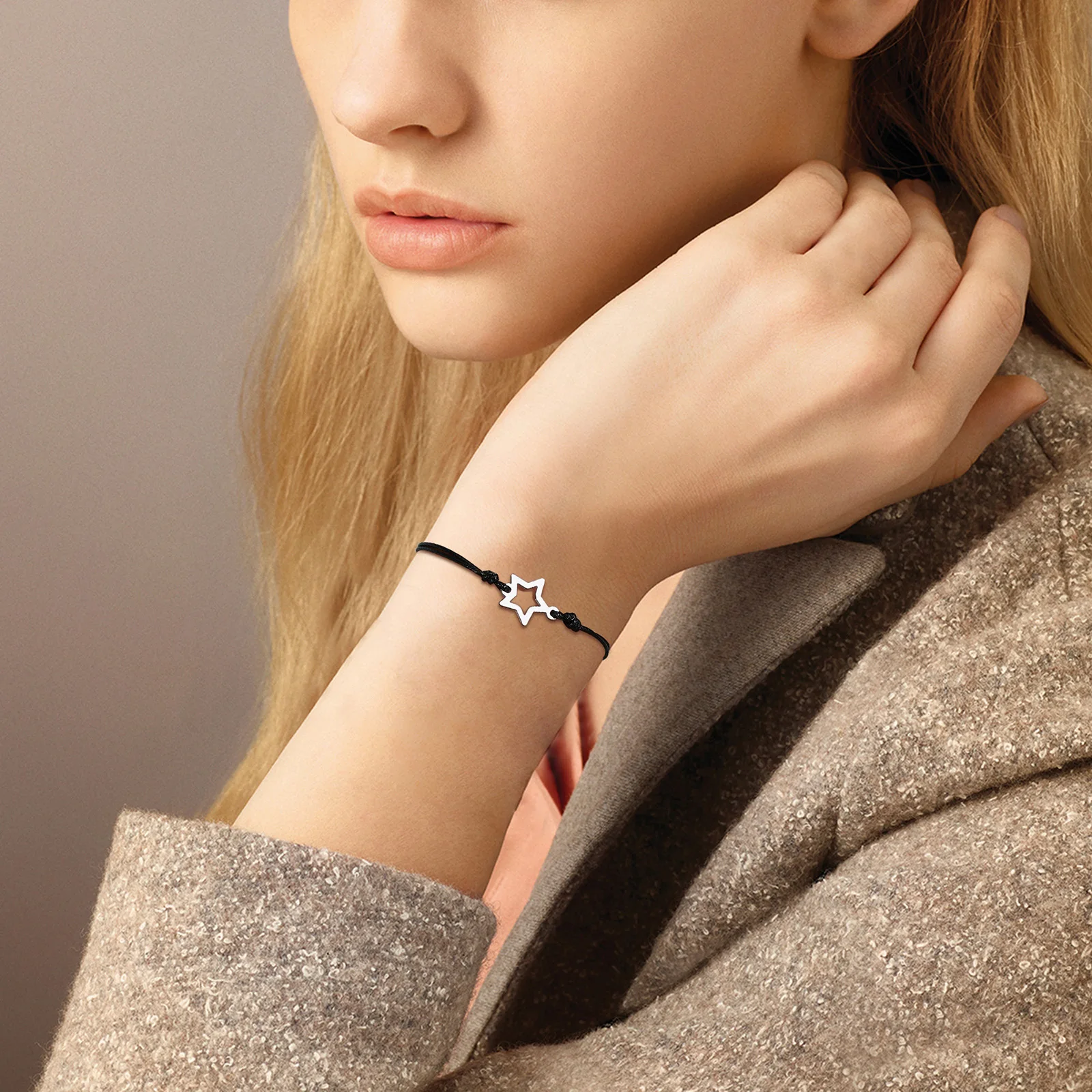 

Star Bracelet , Make a Wish Bracelets for Men Women , Star Charm Black Waxed Cord , Friendship Bracelet