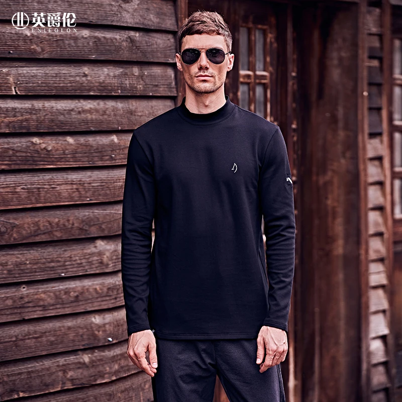

Enjeolon Men Long Sleeved T shirt 2020 New Simplicity Letter Embroidery Print Turtleneck Slim Tshirt Men Tops RST7641
