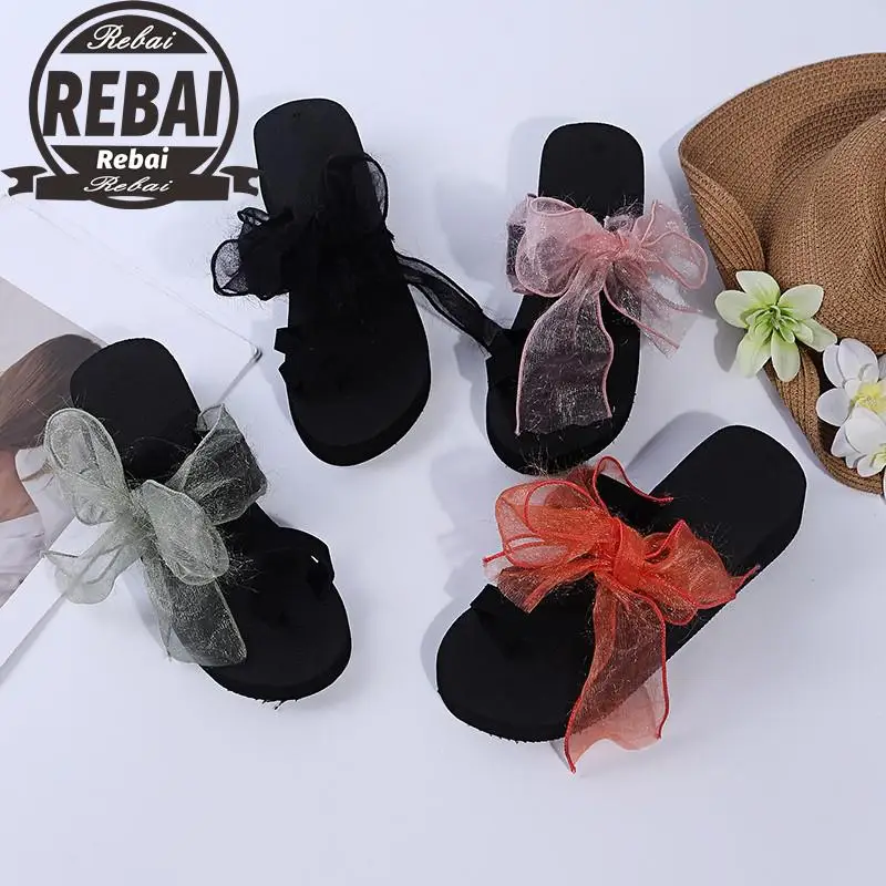 

Beach Shoes Slippers Casual Lady Slides Rubber Flip Flops Butterfly-knot Sabot Luxury Flat Girl Hawaiian Butterfly-knot Pu Sepat
