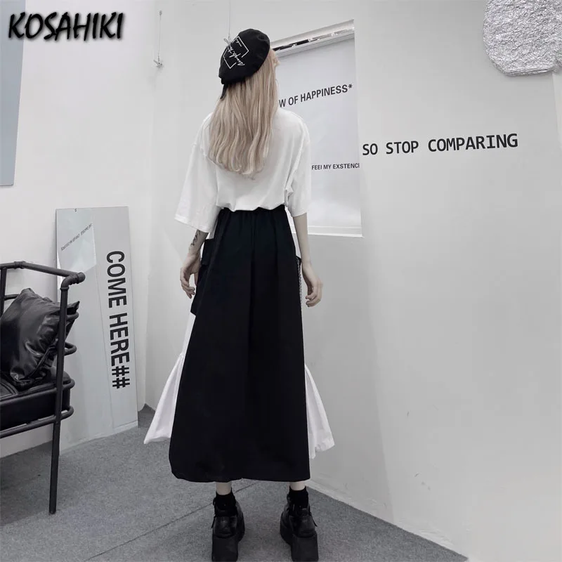

KOSAHIKI High Waist Loose A-line Cargo Skirts Pocket Midi Long Black White Skirt Korean Hip Hop Streetwear Harajuku Jupe