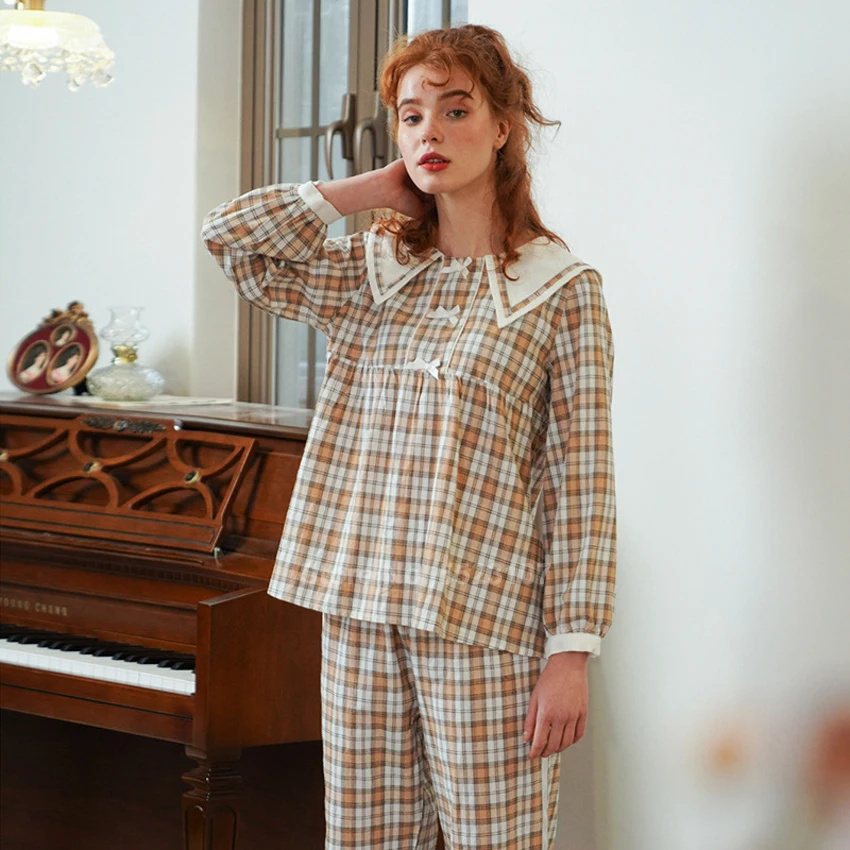 Комплект пижамный Женский кружевной в клетку с воротником Питера Пэна костюм