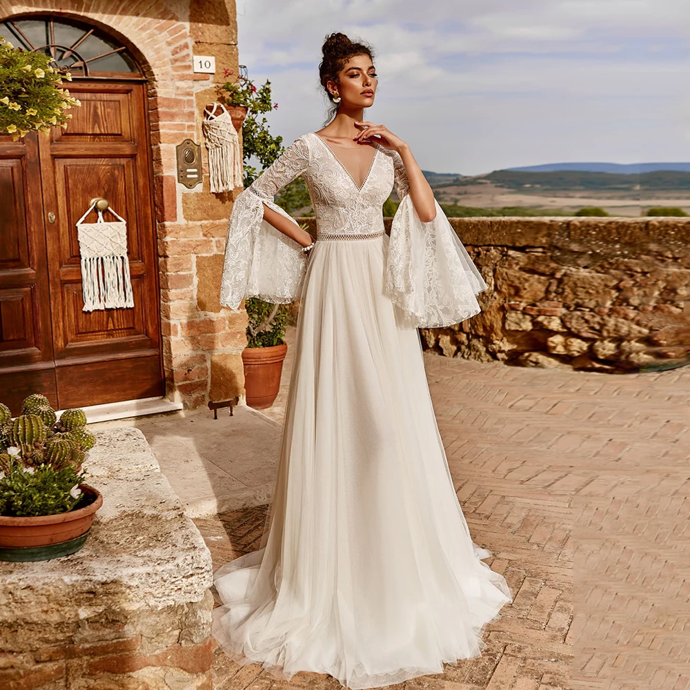 

2021 A Line Wedding Dress Beach Jiayigong V Neck Long Sleeves Lace Vestido De Noiva Bohemian Bridal Gown Backless