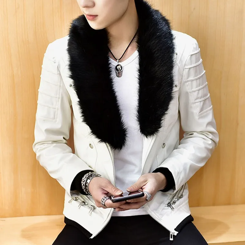 

Korean Thick Fleece Liner Motorcycle Faux Leather Windproof Jackets Personality Zip Big Faux Fur Collar Slim Male Short Coats