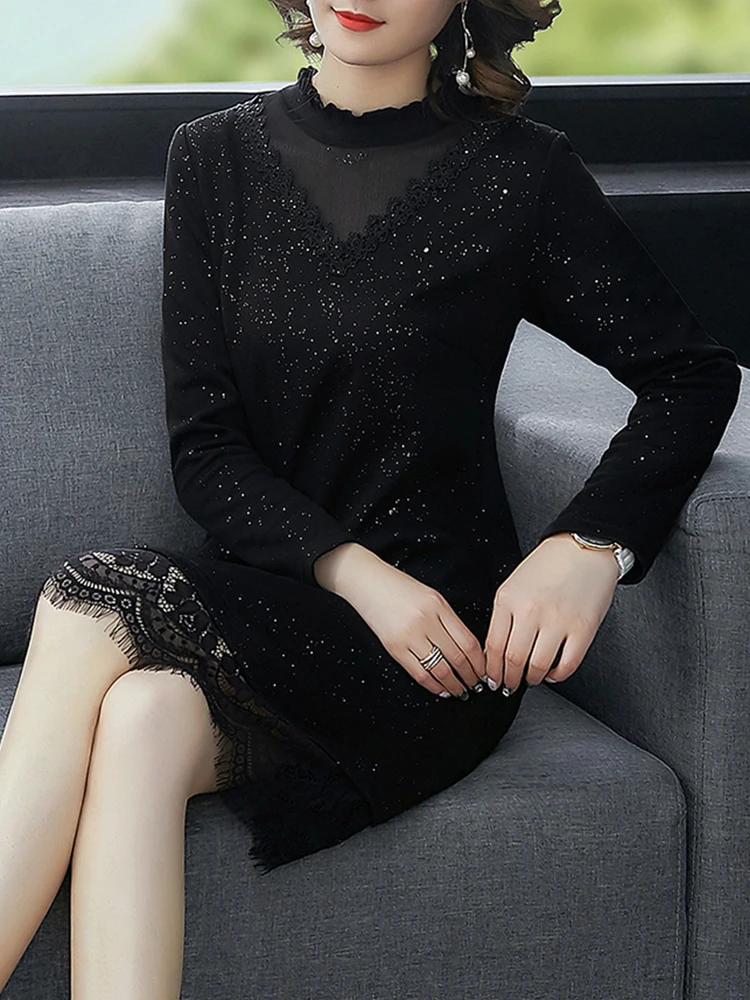 Винтажное кружевное черное платье KMETRAM женское весенне осеннее мини с длинным