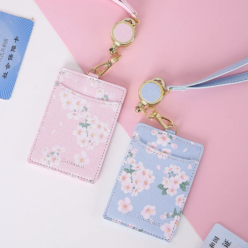 

New Telescopic Lanyard Cherry Blossom Card Holder PU Leather Student Card Holder Subway IC Card Holder Bus Card Holder