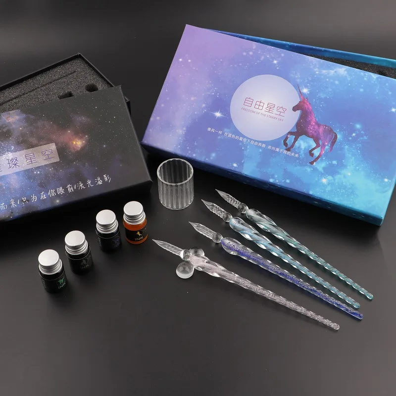 

Crystal Glass Pen Glitter Powder Fountain Pen Ink Dip Pen Starry Sky Unicorn Gift Box Set Writing Supplies Vintage Glass Dip Pen