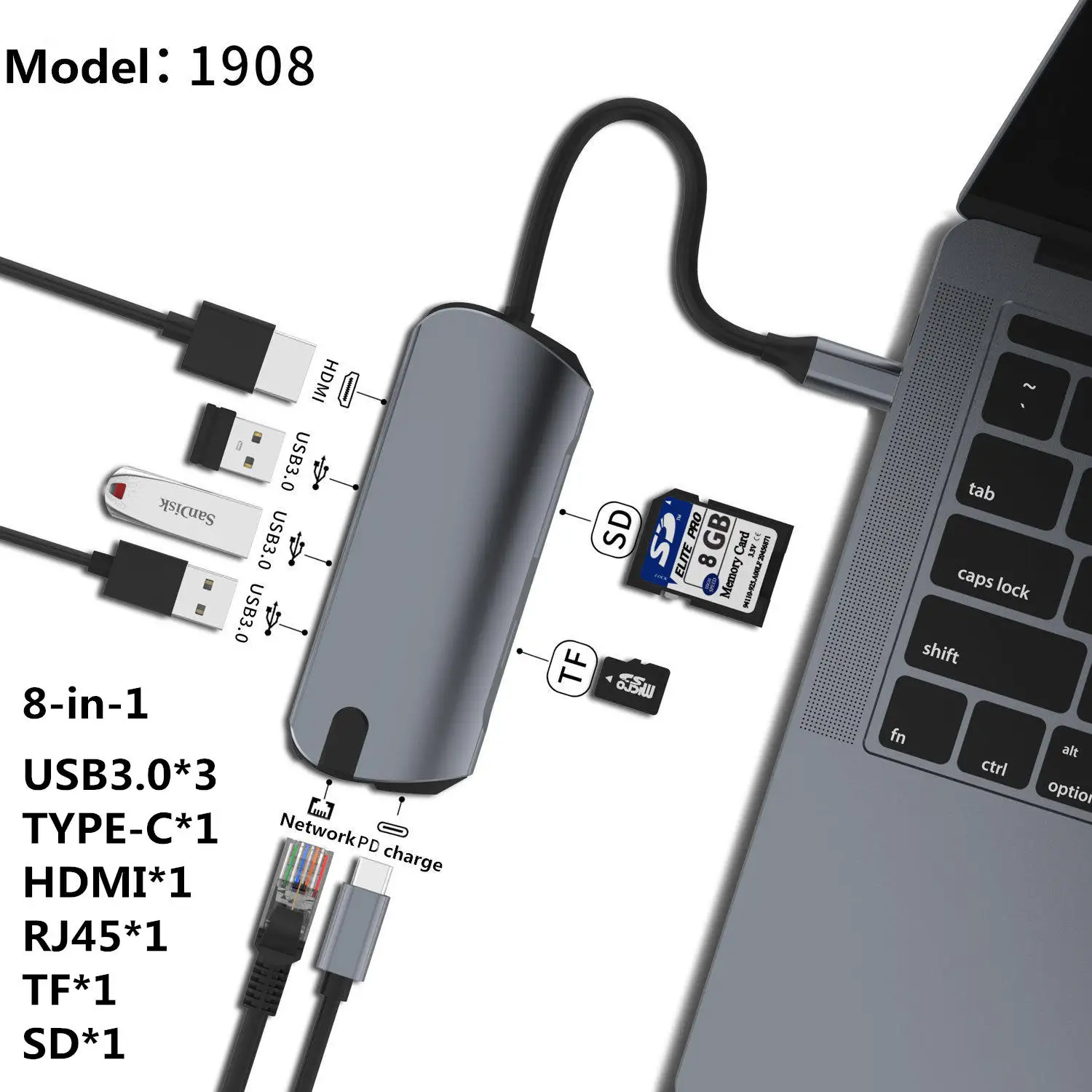 1908 USB концентратор 3,0 с адаптером питания SD TF карта HDMI ридер RJ45 Ethernet PD зарядное устройство USB-C type-C мульти концентратор для Mackbook Pro - Цвет: 1908